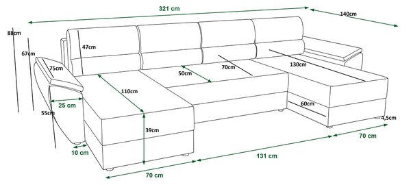 Rozkładana sofa narożna w kształcie U TAVERO 321x140 cm, musztardowa