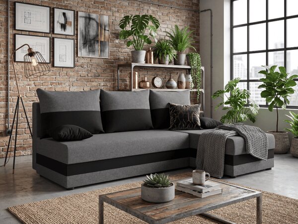 Rozkładana narożna sofa VALERIO SLIM 200x140 cm, ciemnoszara/antracytowa, uniwersalna + 2 poduszki GRATIS