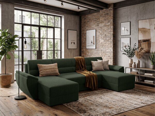 Rozkładana sofa narożna w kształcie U TAVERO 321x140 cm, ciemnozielona