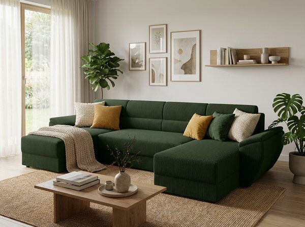 Rozkładana sofa narożna w kształcie U TAVERO 321x140 cm, ciemnozielona