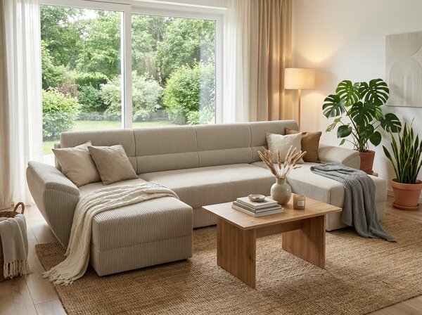 Rozkładana sofa narożna w kształcie U TAVERO 321x140 cm, jasnobeżowa