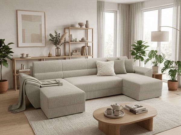 Rozkładana sofa narożna w kształcie U TAVERO 321x140 cm, jasnobeżowa
