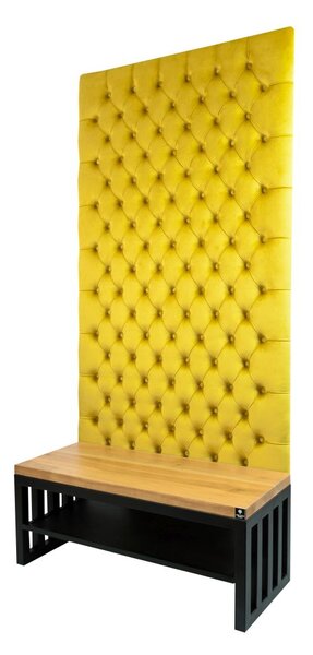 Ławka Metalowa z Panelem Ściennym Pikowanym Cytrynowa Żółcień Siedzisko Drewno Lite LPPK-51 Rozmiary od 50 cm do 100 cm