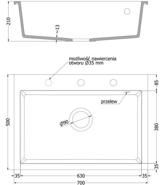 Mexen Elix zlewozmywak granitowy 1-komorowy 700 x 500 mm, biały, syfon złoty - 6526701005-20-G