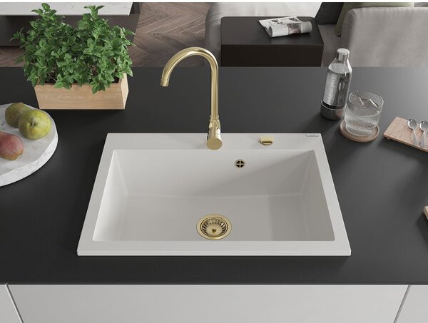 Mexen Elix zlewozmywak granitowy 1-komorowy 700 x 500 mm, biały, syfon złoty - 6526701005-20-G