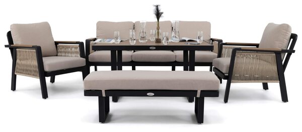 MebleMWM Zestaw mebli ogrodowych z aluminium PROVENCE | Czarny + imitacja drewna | Beżowe poduszki OUTLET