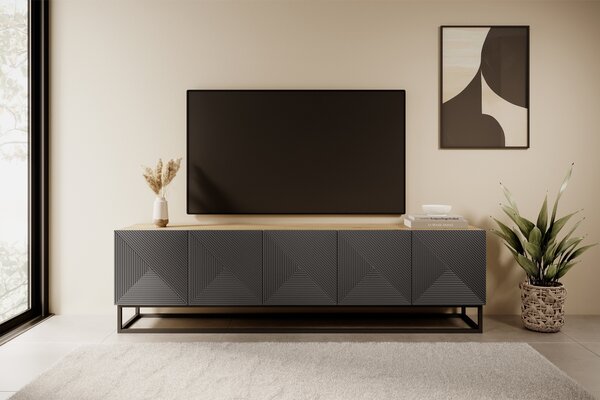 Szafka RTV Asha 200 cm z ryflowanym frontem i metalowym stelażem - artisan / rivier stone mat