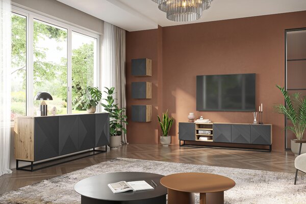 Szafka RTV Asha 200 cm z ryflowanym frontem i stelażem - artisan / rivier stone mat