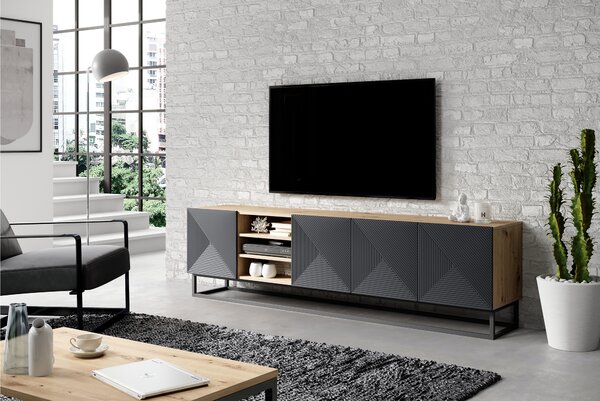 Szafka RTV Asha 200 cm z ryflowanym frontem i stelażem - artisan / rivier stone mat