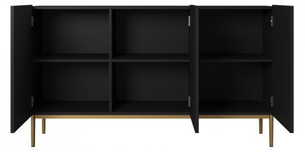 Komoda Nicole 150 cm trzydrzwiowa z ryflowanym frontem - czarny mat / złote nóżki