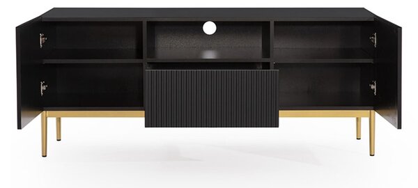 Szafka RTV Nicole 150 cm z szufladą i wnęką - czarny mat / złote nóżki