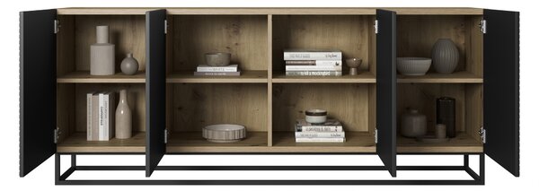 Komoda Asha 200 cm czterodrzwiowa - artisan / czarny mat / czarny stelaż