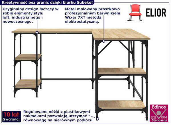 Biurko w kształcie narożne litery l w stylu loft dąb sonoma A9-C14