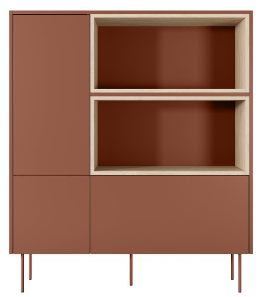Komoda wysoka Desin 120 cm dwudrzwiowa z szufladą i wnękami - czerwony / ceramic red / dąb nagano