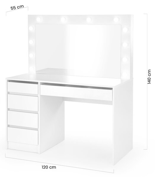 Toaletka Velinio XL 120 cm z szufladami i oświetleniem - biały