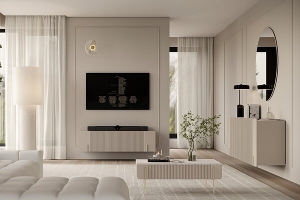 Szafka RTV Malmi 150 cm wisząca - kaszmir / crema bianca / złoty