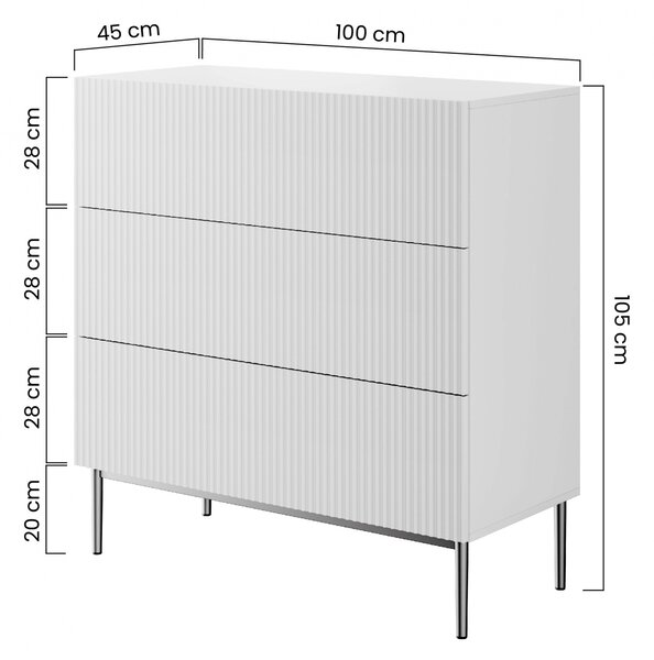 Komoda Nicole 100 cm z szufladami z ryflowanym frontem - czarny mat / czarne nóżki