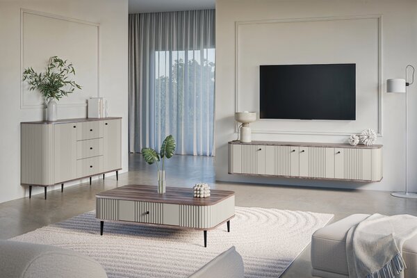 Stolik kawowy Vesper 103x60 cm z szufladą - kaszmir / orzech / czarne nogi