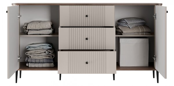 Komoda Vesper 160 cm z szufladami na nóżkach - kaszmir / orzech / czarne nogi