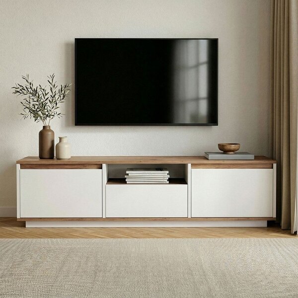 Biała/w naturalnym kolorze szafka pod TV w dekorze sosny 160x42x30 cm Sentinel – Kalune Design