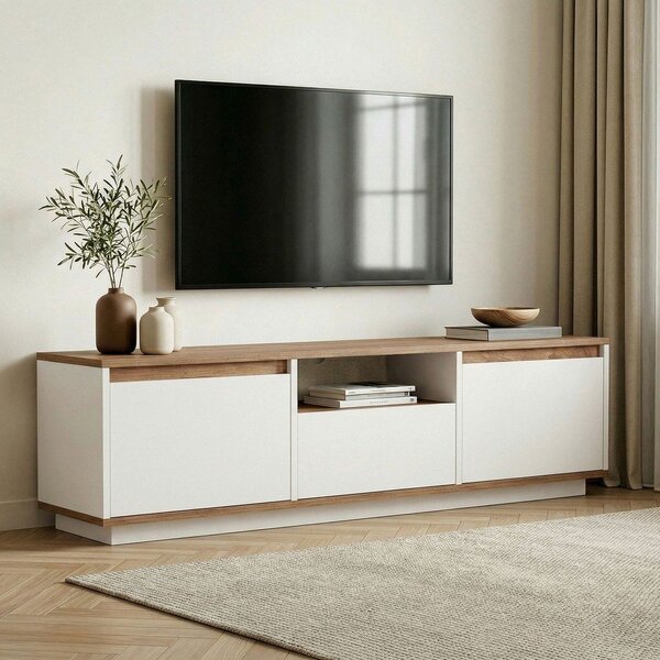 Biała/w naturalnym kolorze szafka pod TV w dekorze sosny 160x42x30 cm Sentinel – Kalune Design