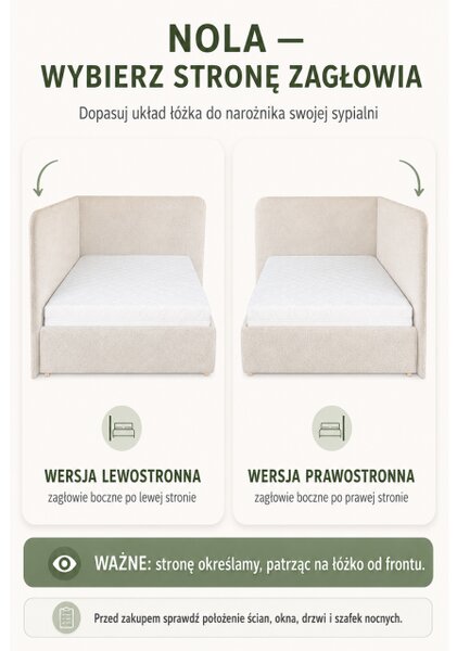 Łóżko sypialniane tapicerowane NOLA 120x200 materac pojemnik stelaż PREMIUM Beż