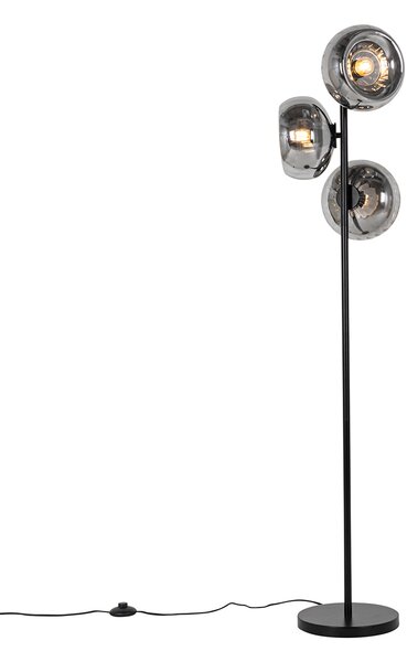 Lampa podłogowa Art Deco czarna z przydymionym szkłem 3-punktowa - Ayesha Oswietlenie wewnetrzne
