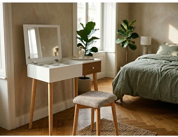 Biała toaletka z lustrem, schowkiem na biżuterię i stołkiem Bonami Essentials Beauty