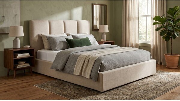 Beżowe tapicerowane łóżko dwuosobowe ze schowkiem ze stelażem 180x200 cm Juniper – Mazzini Beds