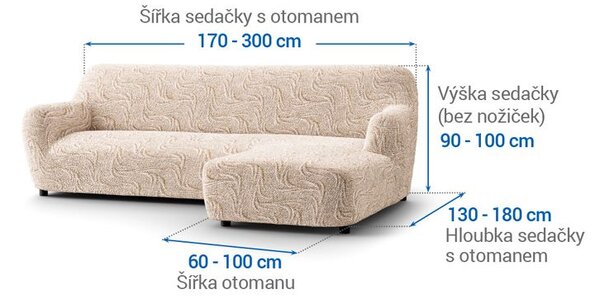 Bi-elastyczne pokrowce BRILLANTE beżowe narożnik z otomaną po prawej stronie (sz. 170 - 300 cm)