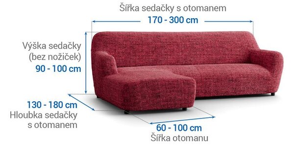 Bi-elastyczne pokrowce VITTORIA bordowe narożnik z otomaną po lewej stronie (sz. 170 - 300 cm)