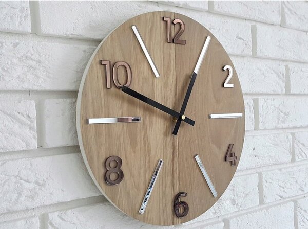 Zegar Ścienny Drewniany Dębowy Akrylowy Aksel Wood Brown Mirror Okrągły