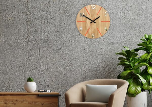 Zegar Ścienny Drewniany Dębowy Akrylowy Aksel Wood Orange Mirror Okrągły