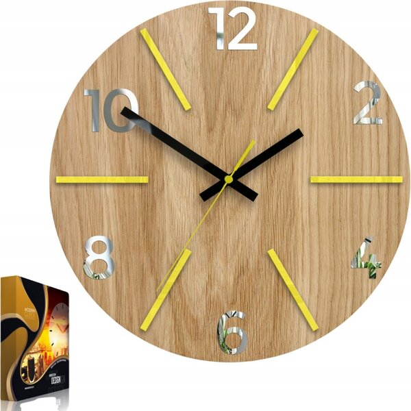 Zegar Ścienny Drewniany Dębowy Akrylowy Aksel Wood Yellow Mirror Okrągły