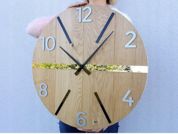 Zegar Ścienny Drewniany Dębowy Akrylowy Aksel Wood Pas Lustro 60 cm Okrągły