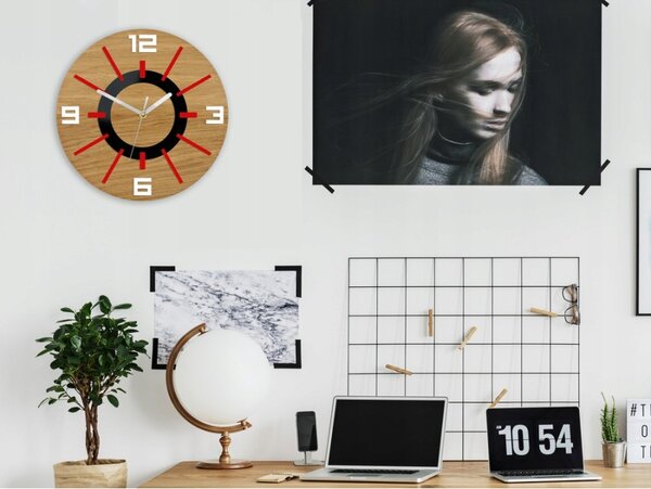 Zegar Ścienny Drewniany Dębowy Akrylowy Alladyn Wood Red Mirror Okrągły