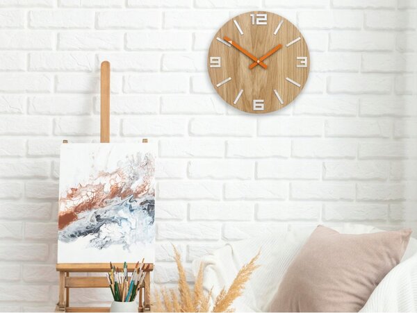 Zegar Ścienny Dębowy Drewniany Kwarcowy Arabic Wood White&Orange