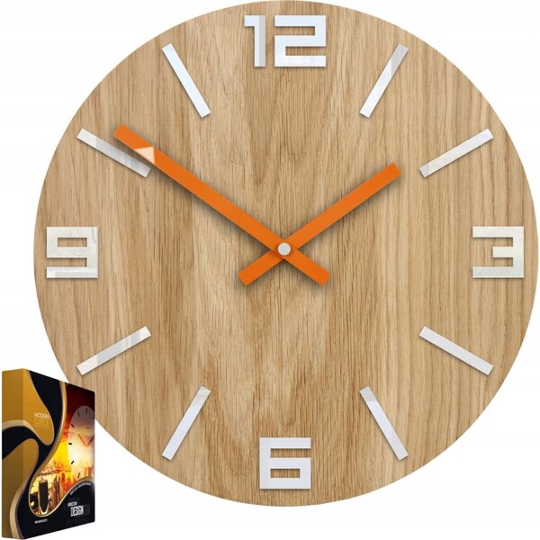 Zegar Ścienny Dębowy Drewniany Kwarcowy Arabic Wood White&Orange