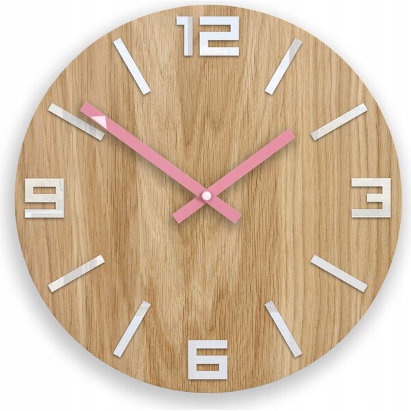 Zegar Ścienny Dębowy Drewniany Kwarcowy Arabic Wood White&Pink