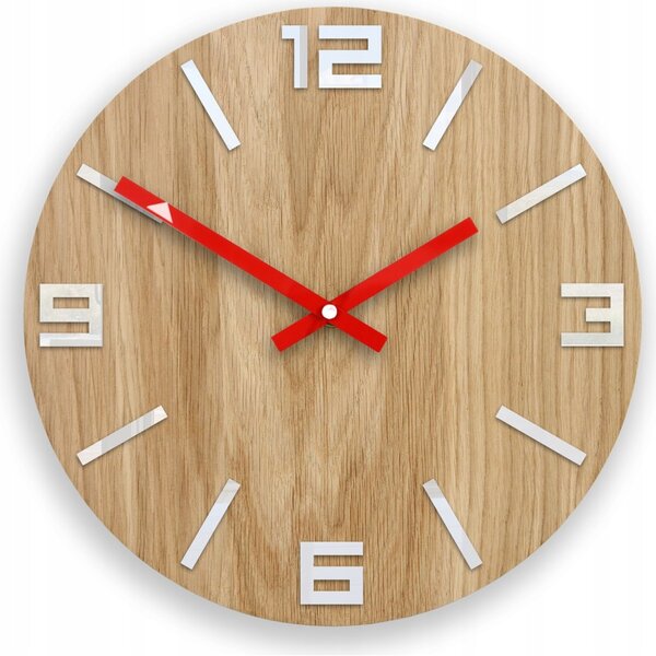 Zegar Ścienny Drewniany Dębowy Akrylowy Arabic Wood White&Red Okrągły
