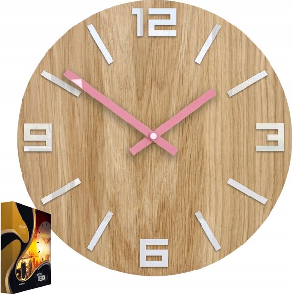 Zegar Ścienny Dębowy Drewniany Kwarcowy Arabic Wood White&Pink