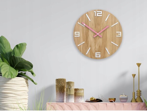 Zegar Ścienny Dębowy Drewniany Kwarcowy Arabic Wood White&Pink