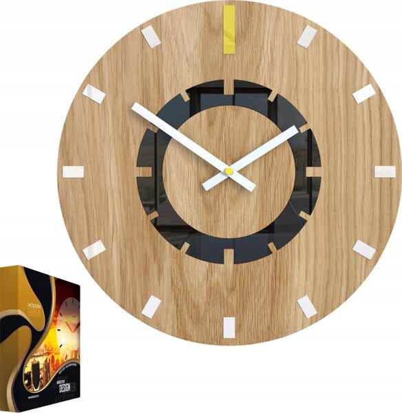 Zegar Ścienny Drewniany Dębowy Akrylowy Atena Wood Yellow Okrągły Kwarcowy