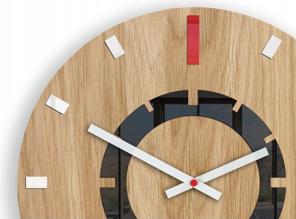 Zegar Ścienny Drewniany Dębowy Akrylowy Atena Wood Red Okrągły Kwarcowy