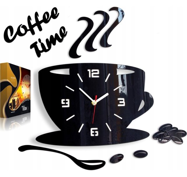 Zegar Ścienny w Kształcie Filiżanki Coffe Time 3D Black Okrągły Kwarcowy