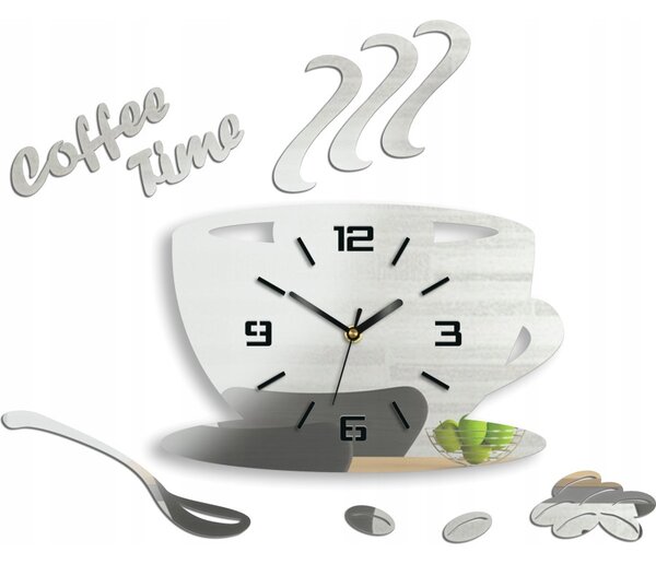 Zegar Ścienny w Kształcie Filiżanki Coffe Time 3D Mirror Okrągły Kwarcowy
