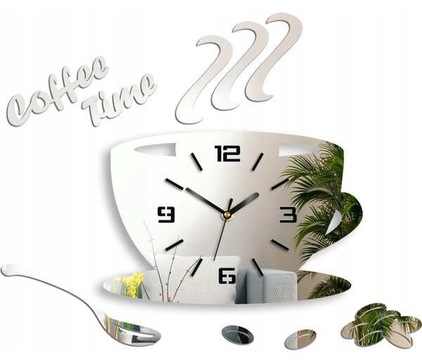 Zegar Ścienny w Kształcie Filiżanki Coffe Time 3D Mirror Okrągły Kwarcowy
