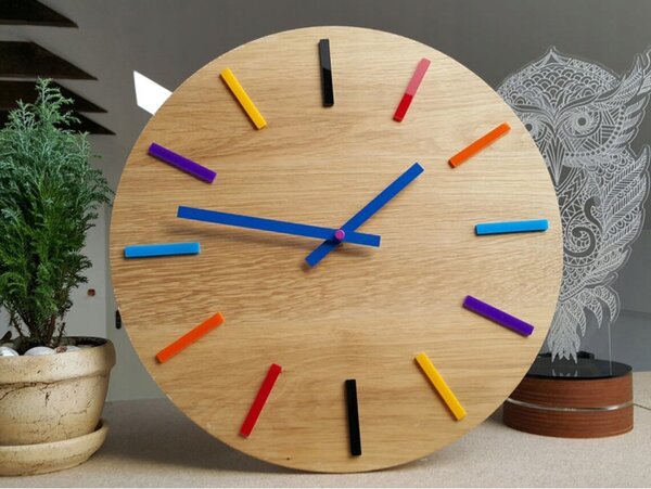 Zegar Ścienny Drewniany Dębowy Akrylowy Color Full Wood Okrągły Kwarcowy