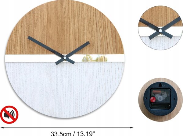 Zegar Ścienny Drewniany Dębowy Akrylowy Drewno Pas Lustro 33cm Okrągły