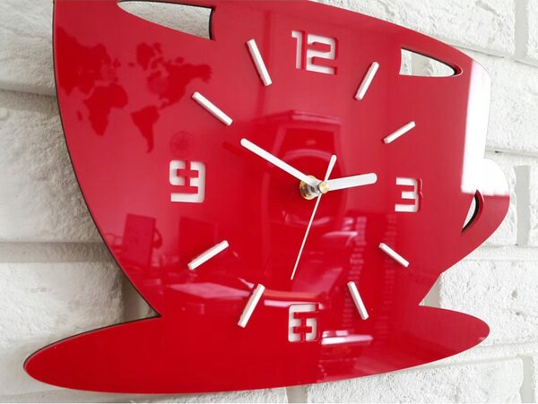 Zegar Ścienny ze Wzorem Filiżanki Akrylowy Filiżanka Red Okrągły Kwarcowy
